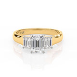 CELESTE | Three Stone Emerald Cut Diamond Ring in Yellow & White Gold