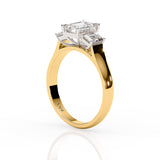 CELESTE | Three Stone Emerald Cut Diamond Ring in Yellow & White Gold