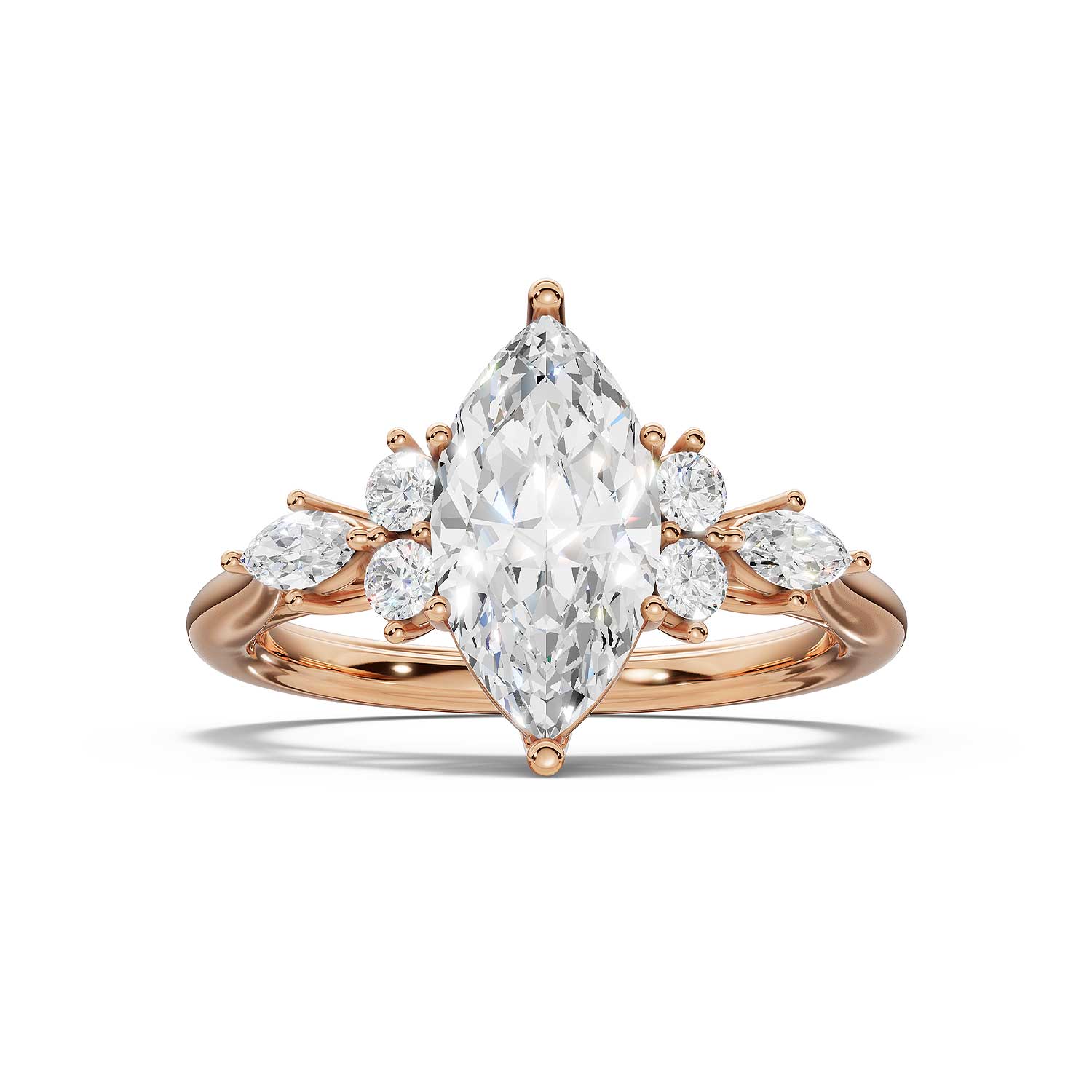 ARWEN seven stone marquise and round diamond ring in rose gold, front view