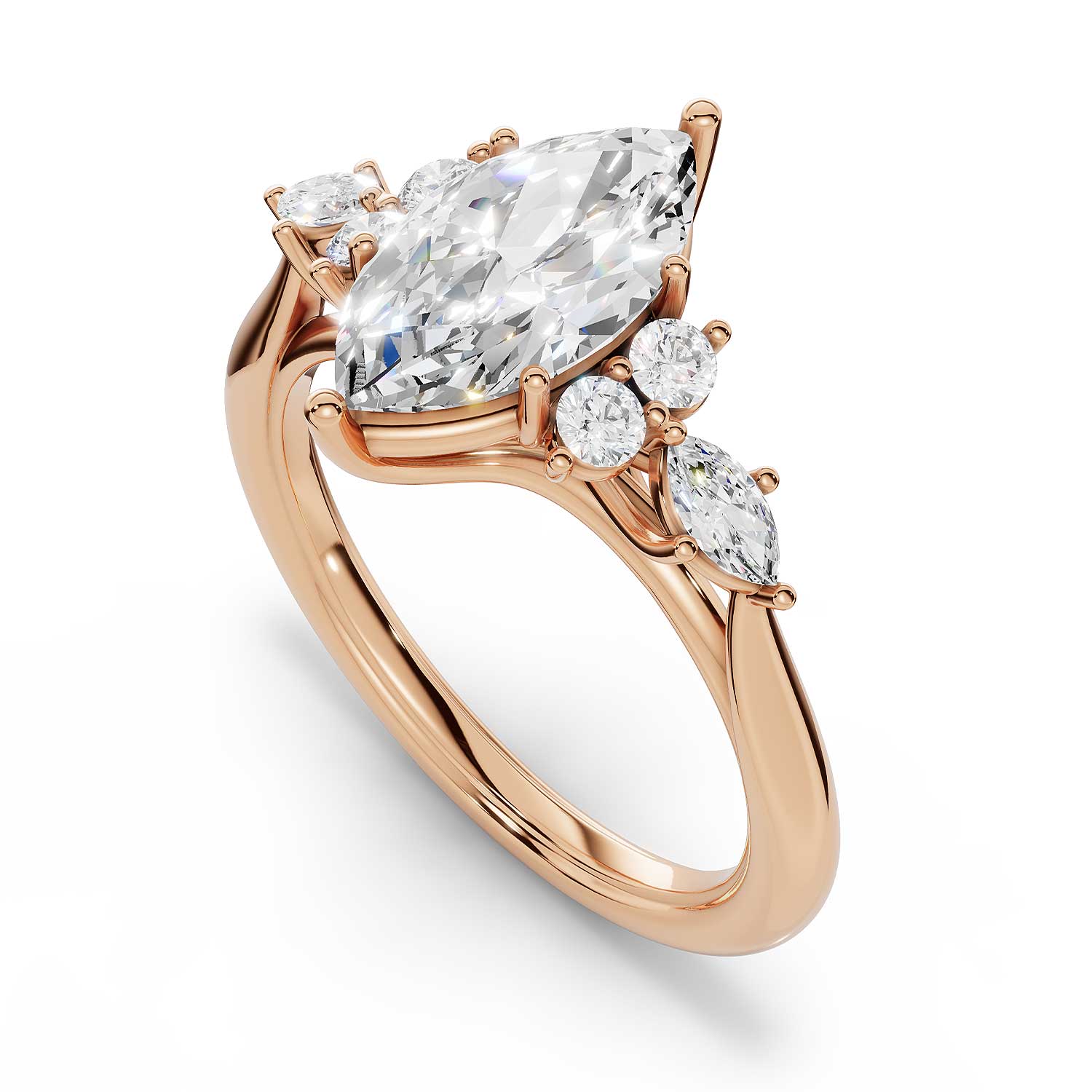 ARWEN seven stone marquise and round diamond ring in rose gold, top down view