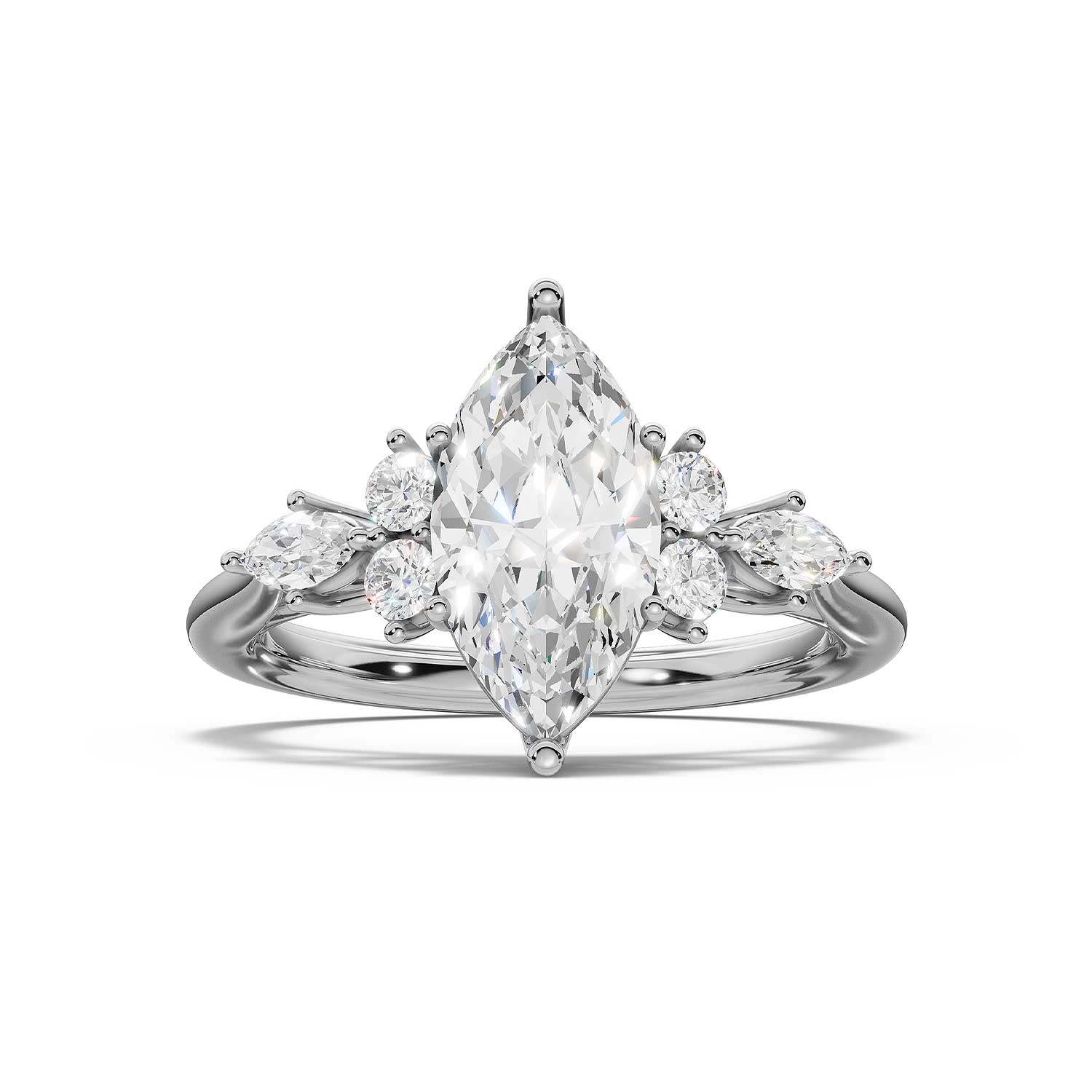 ARWEN seven stone marquise and round diamond ring in white gold, front view