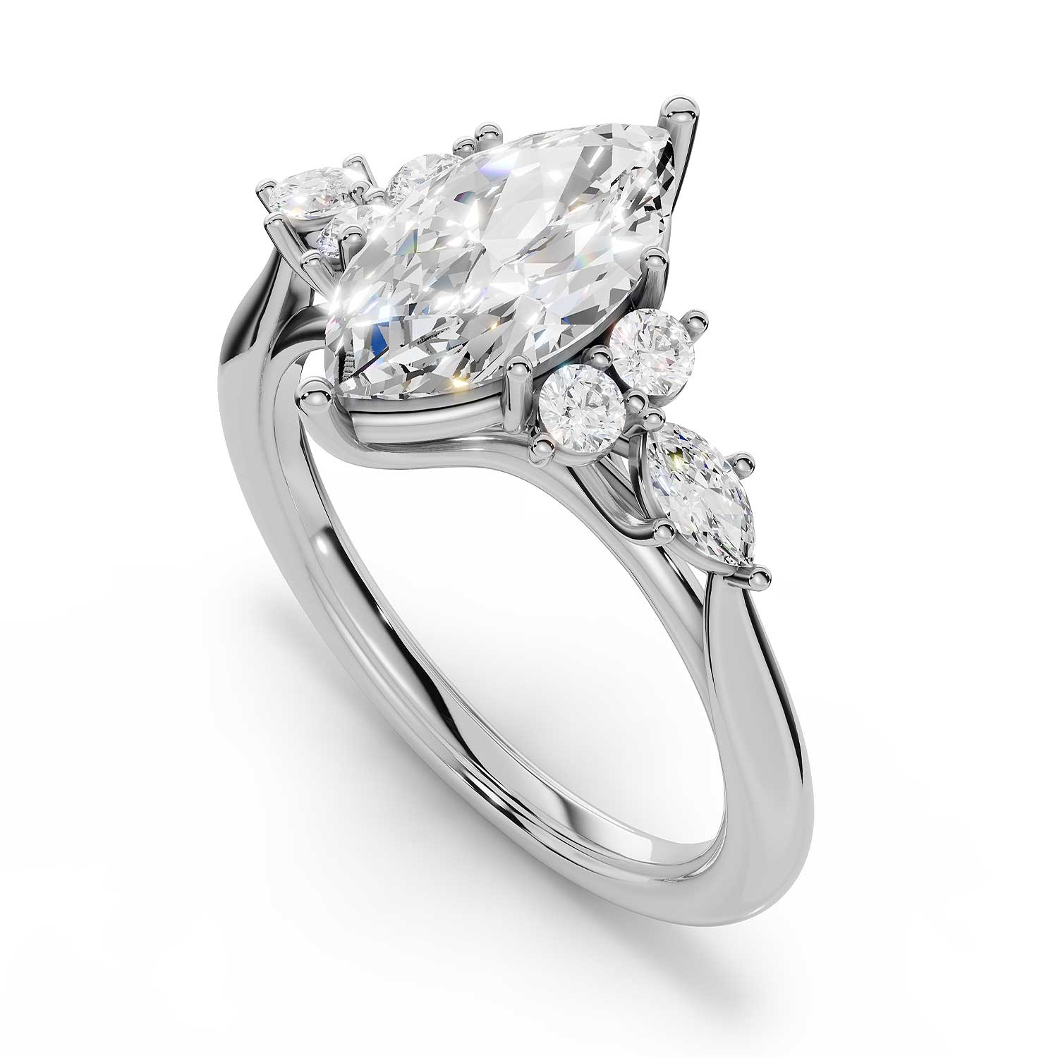 ARWEN seven stone marquise and round diamond ring in white gold, top down view