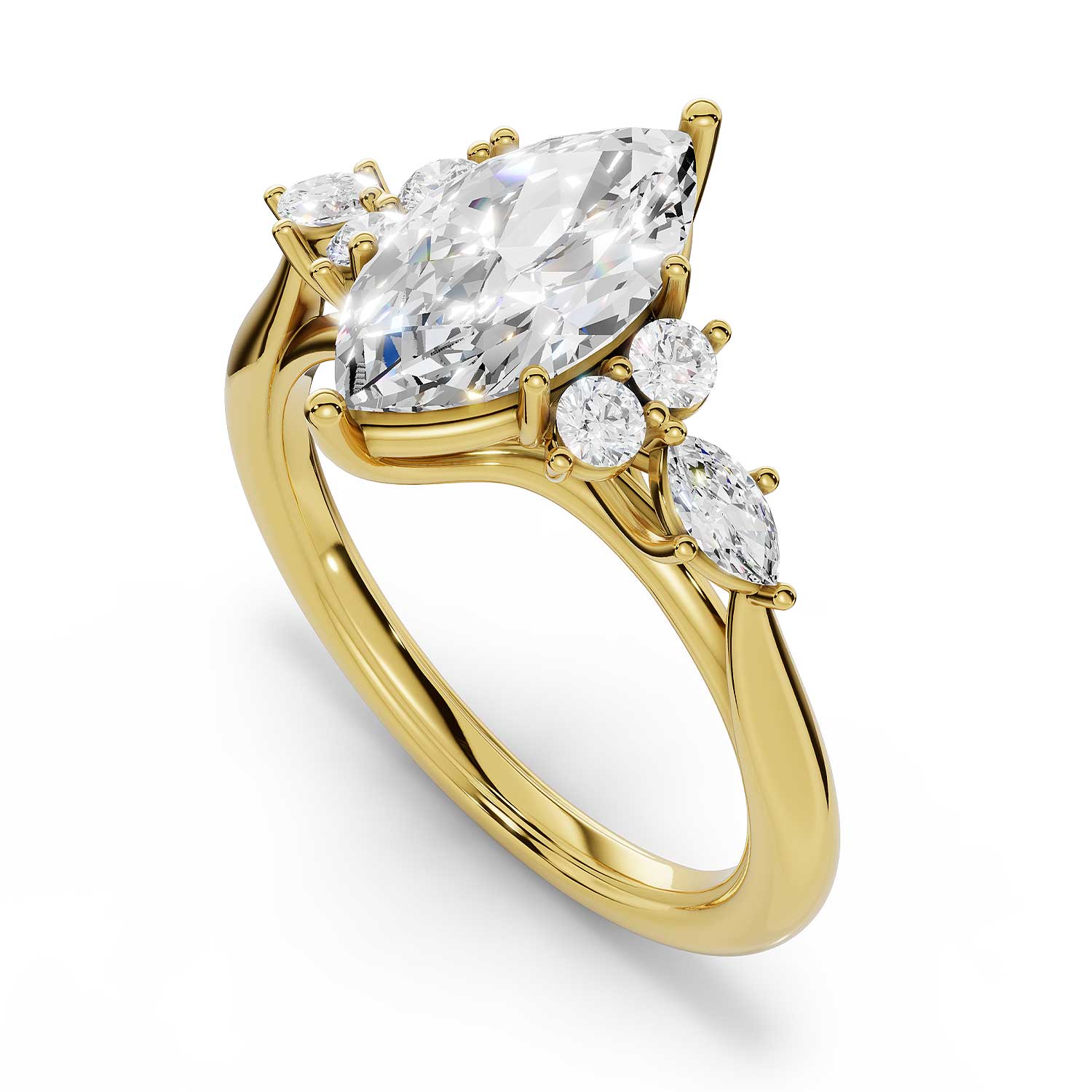 ARWEN seven stone marquise and round diamond ring in yellow gold, top down view