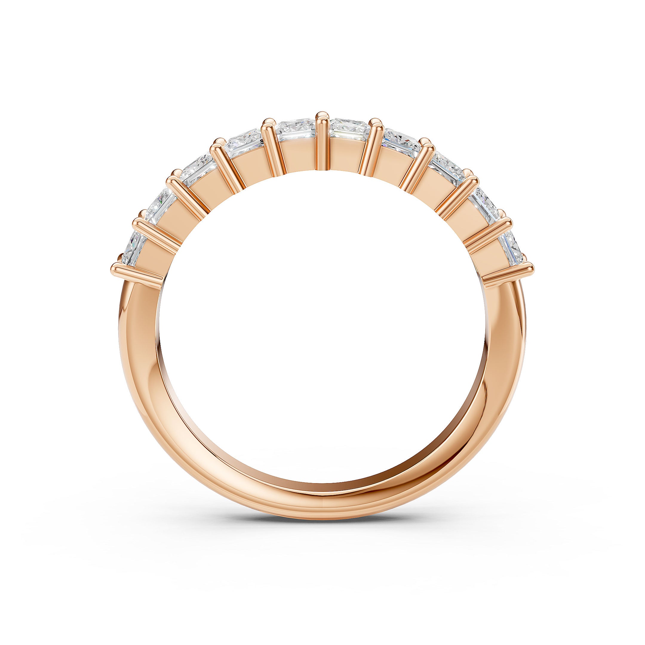 Rose gold ring with diamonds on a white background