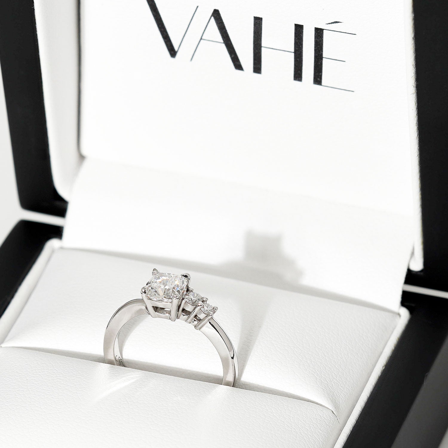 CUSTOM | Cushion Cut & Two Side Stones in 18ct White Gold – in gift box