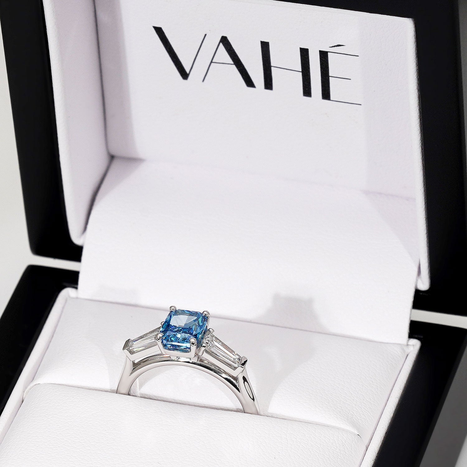 CUSTOM | Elongated Cushion & Tapered Baguette Three Stone in Platinum – in gift box