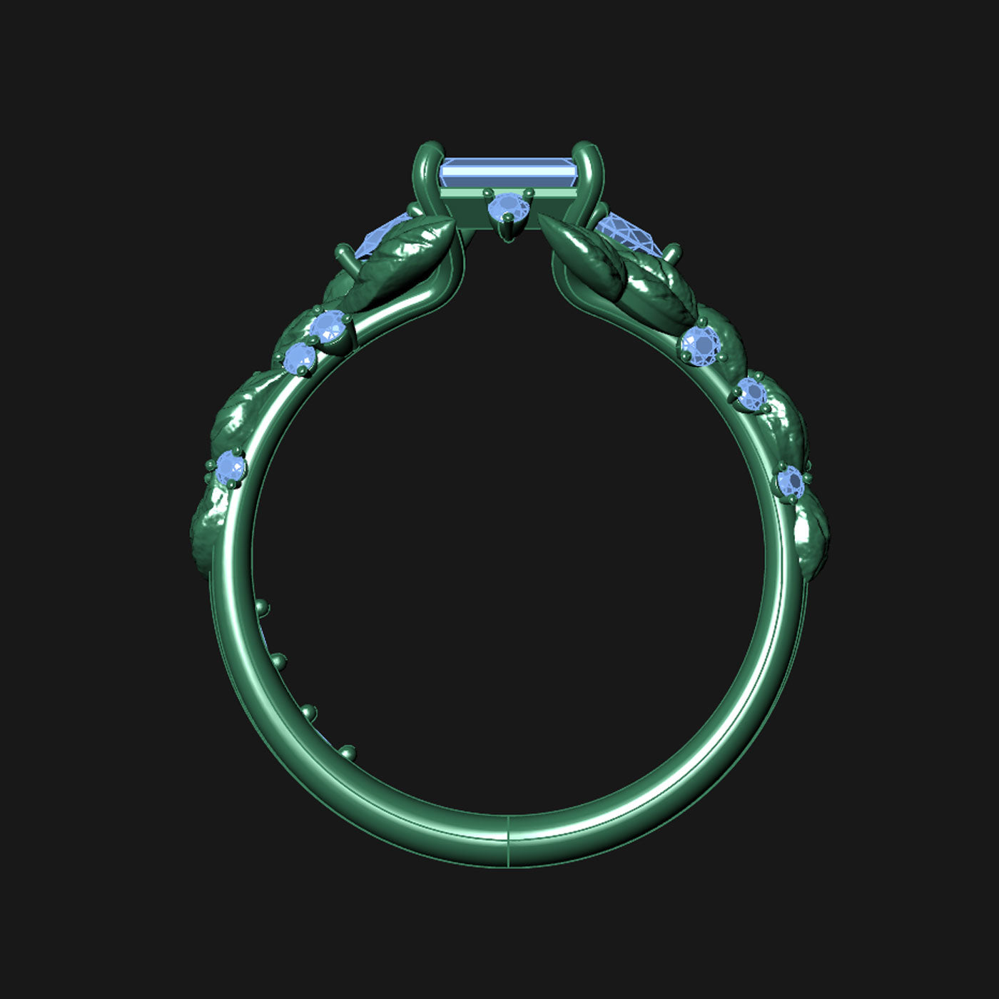CUSTOM | Montana Sapphire Leaf-Inspired with Pear & Round Diamond Accents Ring in Platinum – design render