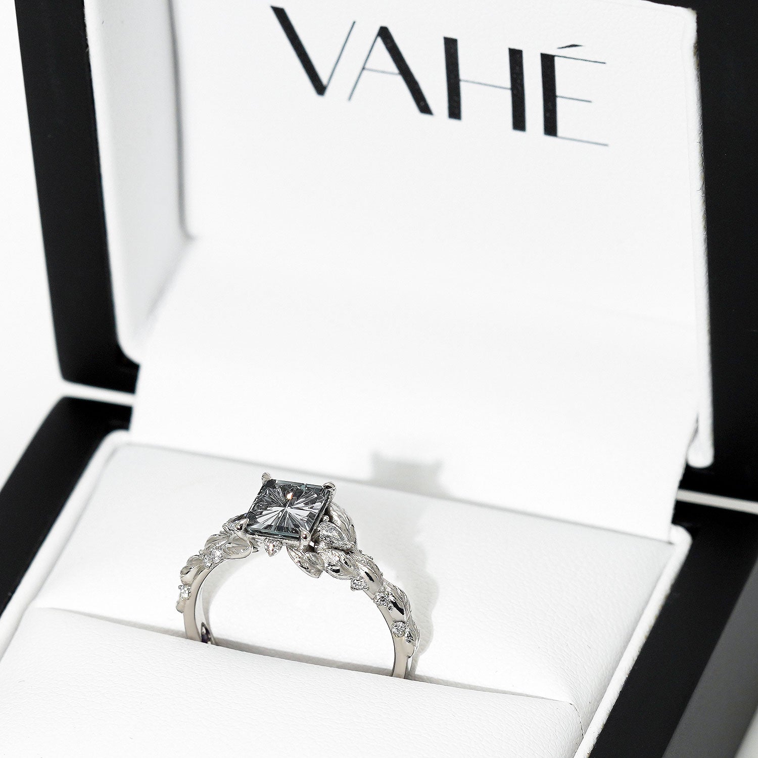 CUSTOM | Montana Sapphire Leaf-Inspired with Pear & Round Diamond Accents Ring in Platinum – in gift box