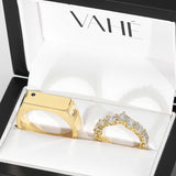 CUSTOM | Rectangular Engraved Signet Ring & CUSTOM | Double Base Shared Prong Round Diamond Ring