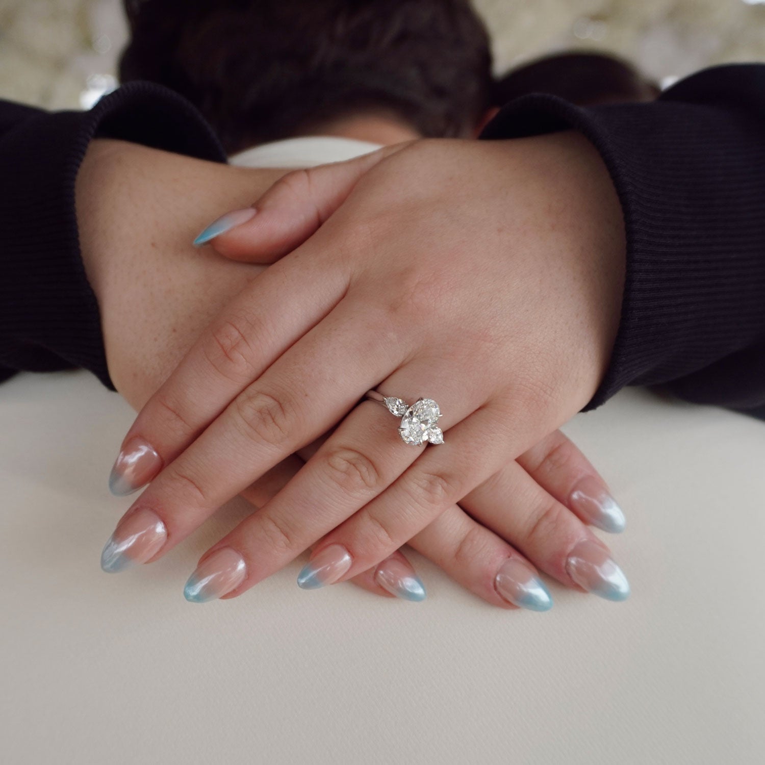 (Customised) FAYE | Three Stone Oval & Pear Shape Diamond Ring in 18ct White Gold – customer photo