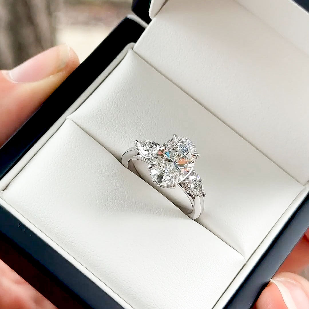 (Customised) FAYE | Three Stone Oval & Pear Shape Diamond Ring in 18ct White Gold – in gift box