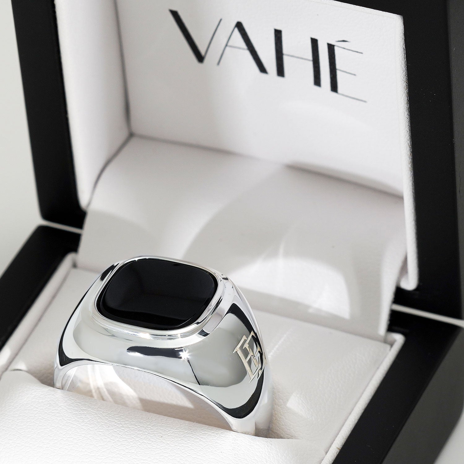 CUSTOM | Black Onyx Signet Ring with Engraved Initials in Sterling Silver