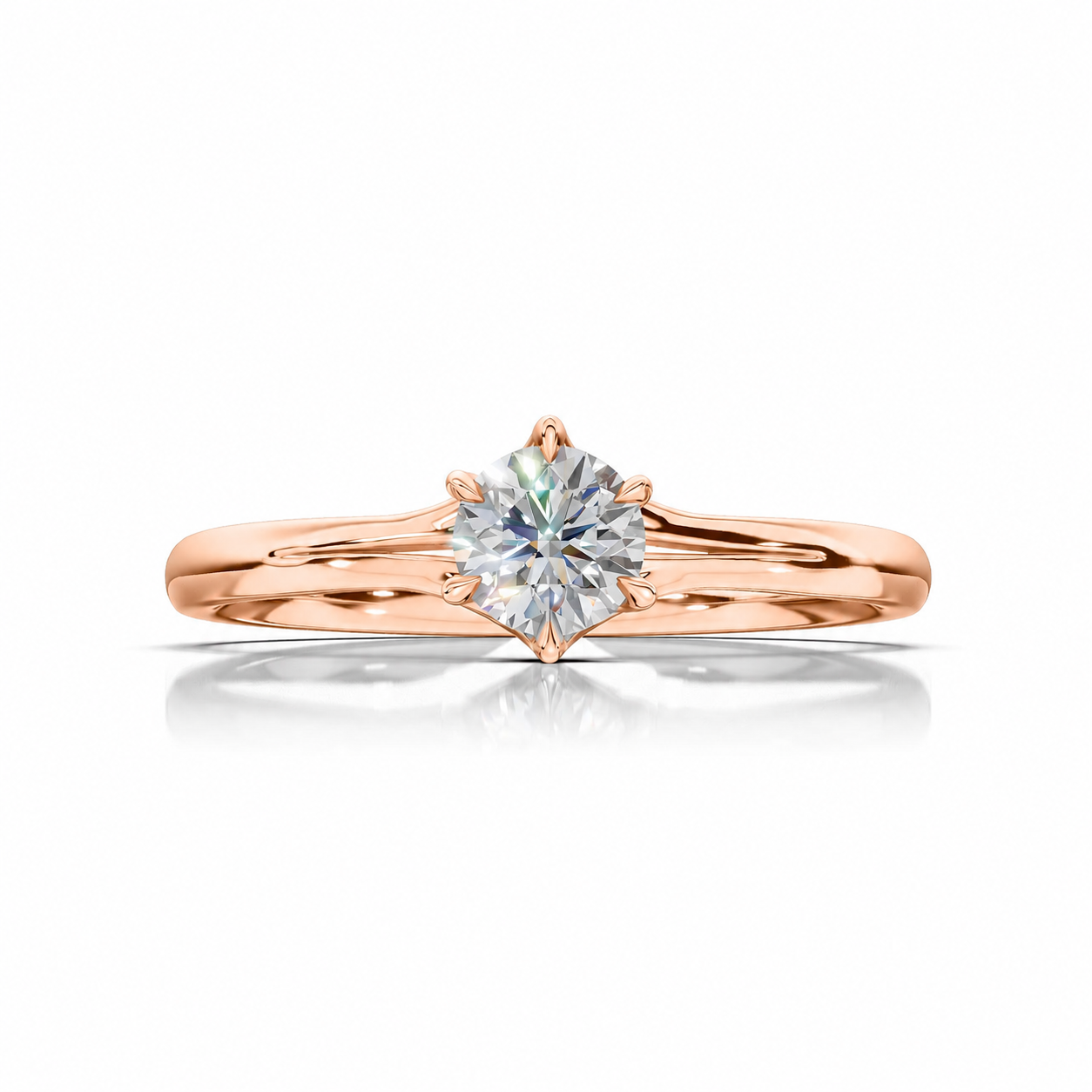ELARA Six-Claw Round Brilliant Diamond Ring in Rose Gold, front view