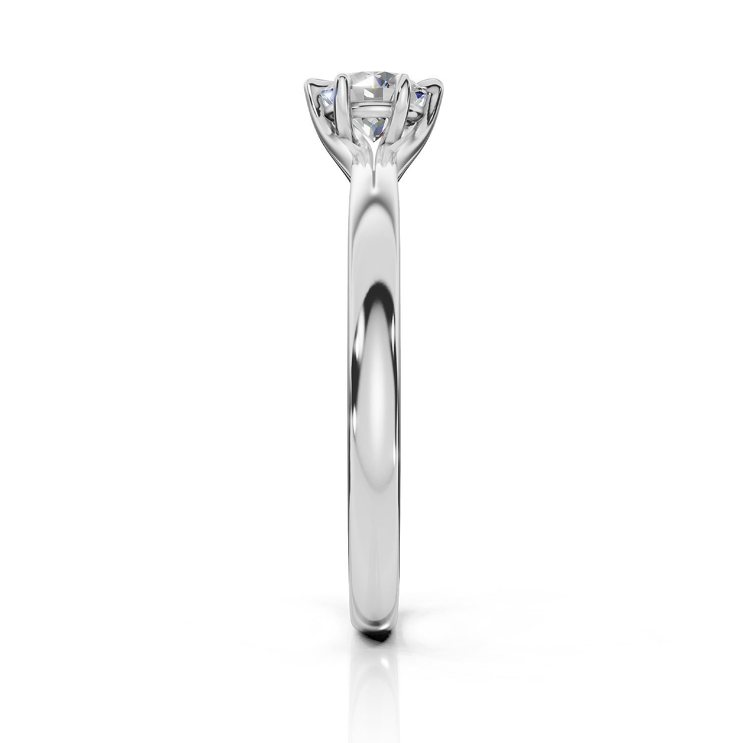 A classic six-prong diamond engagement ring in a polished white gold or platinum band, shown from a side profile view on a clean white background.