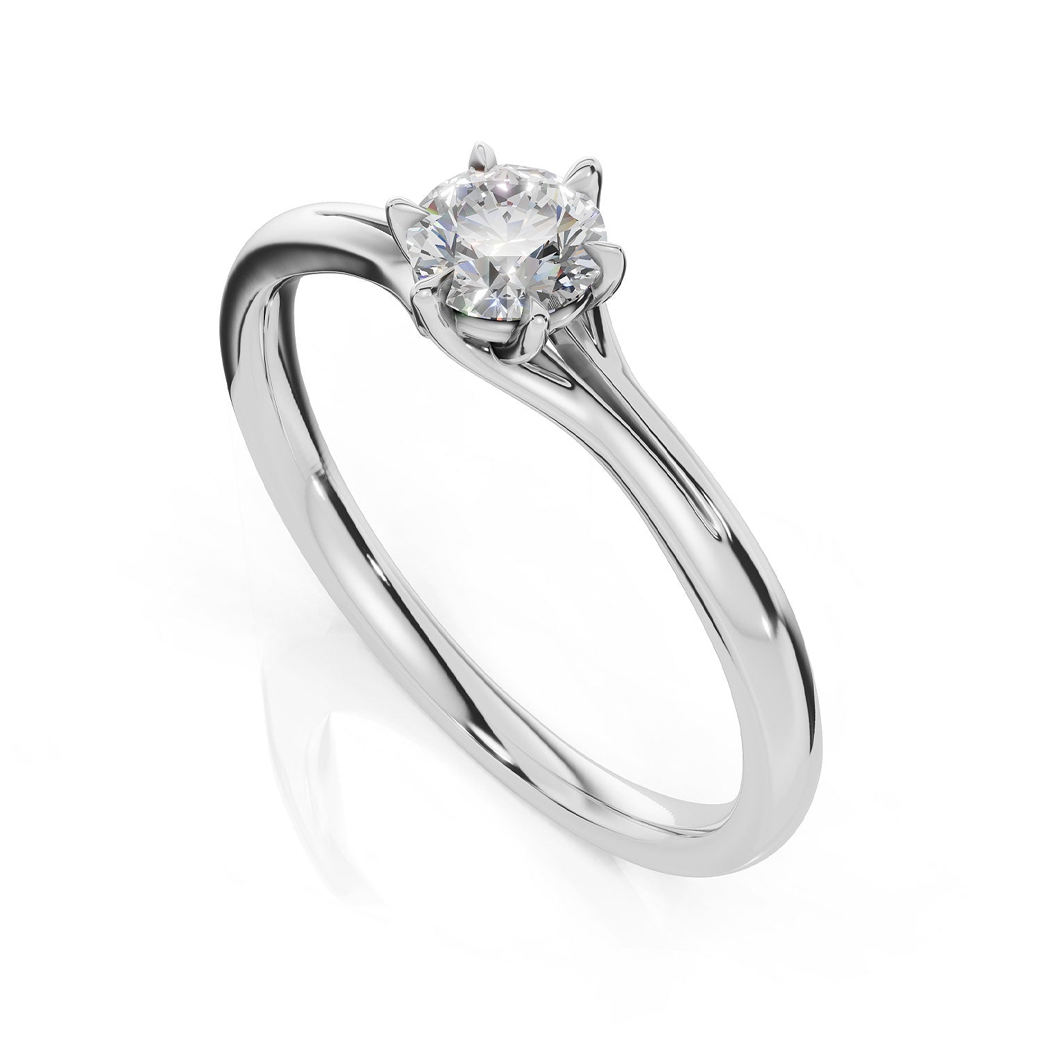 A classic solitaire engagement ring featuring a round brilliant-cut diamond set in a polished silver-colored metal band, shown on a clean white background with a soft reflection.