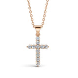 ELENA round brilliant diamond cross pendant in rose gold, 0.20ct total weight, shared prong setting, front view