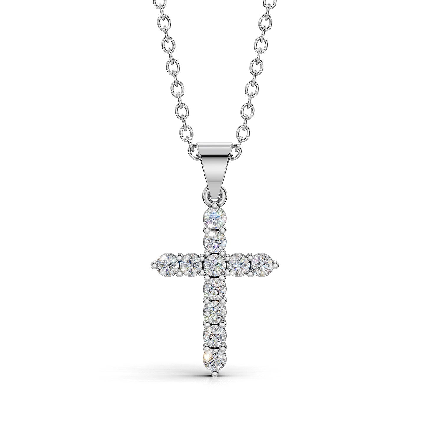 ELENA round brilliant diamond cross pendant in white gold, 0.20ct total weight, shared prong setting, front view