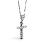 ELENA round brilliant diamond cross pendant in white gold, 0.20ct total weight, side view showing shared prong setting and bail