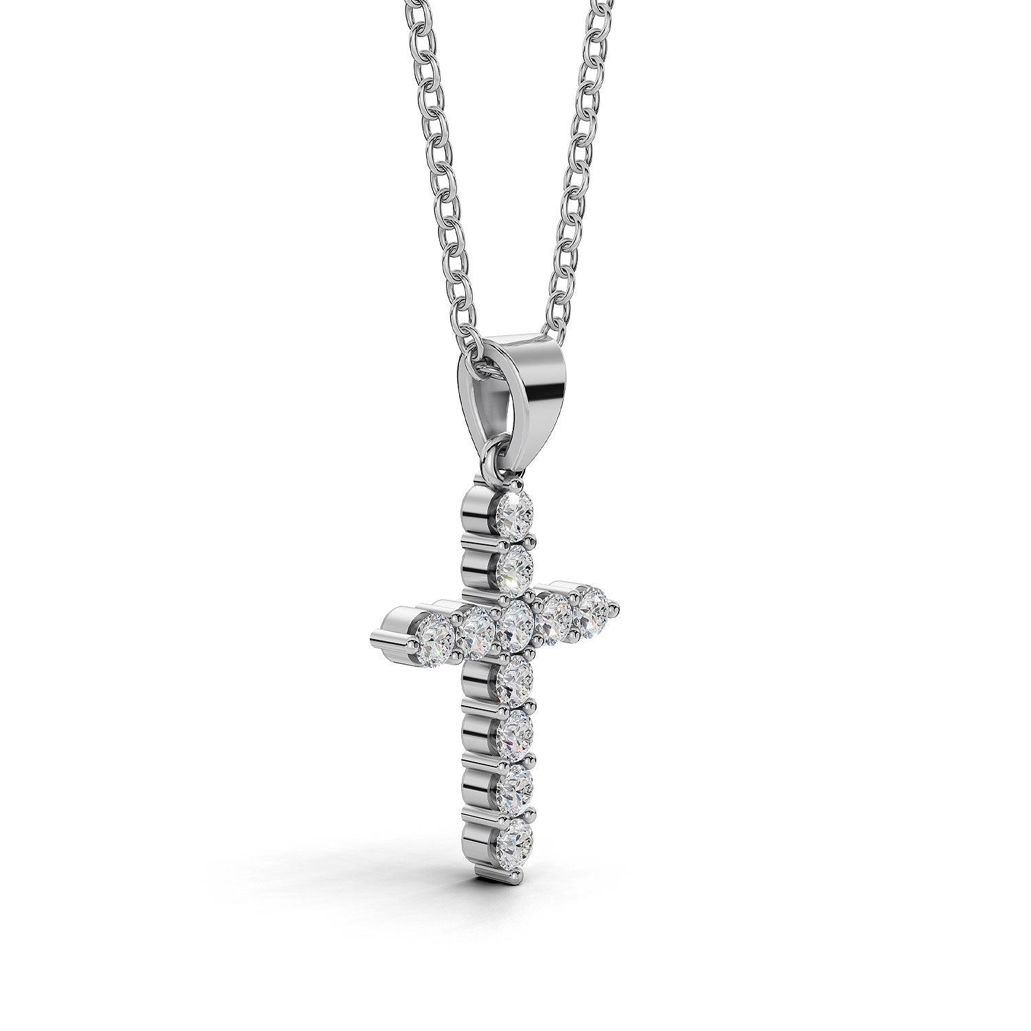 ELENA round brilliant diamond cross pendant in white gold, 0.20ct total weight, side view showing shared prong setting and bail