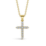 ELENA round brilliant diamond cross pendant in yellow gold, 0.20ct total weight, shared prong setting, front view