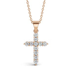ELENA round brilliant diamond cross pendant in rose gold, 0.40ct total weight, shared prong setting, front view