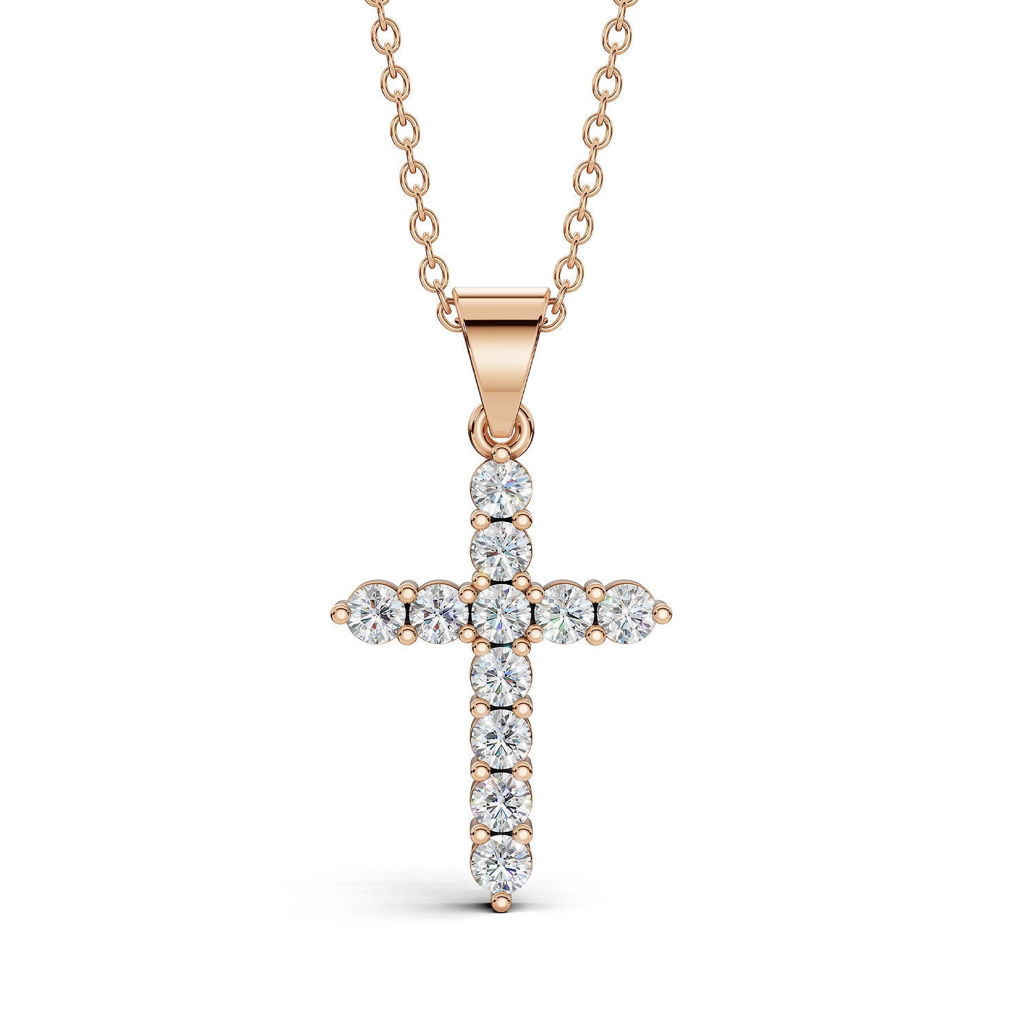 ELENA round brilliant diamond cross pendant in rose gold, 0.40ct total weight, shared prong setting, front view