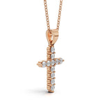 ELENA round brilliant diamond cross pendant in rose gold, 0.40ct total weight, side view showing shared prong setting and bail