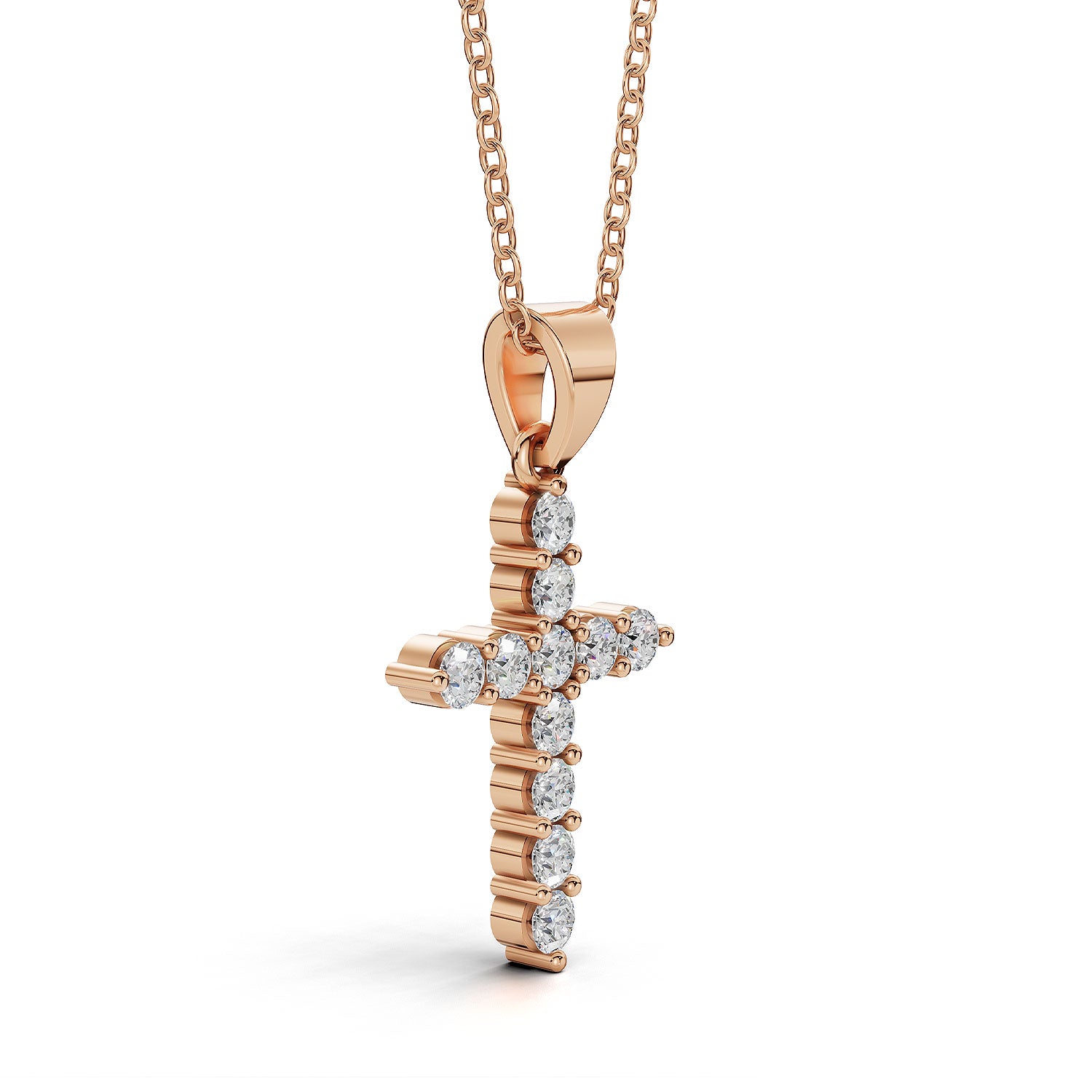 ELENA round brilliant diamond cross pendant in rose gold, 0.40ct total weight, side view showing shared prong setting and bail