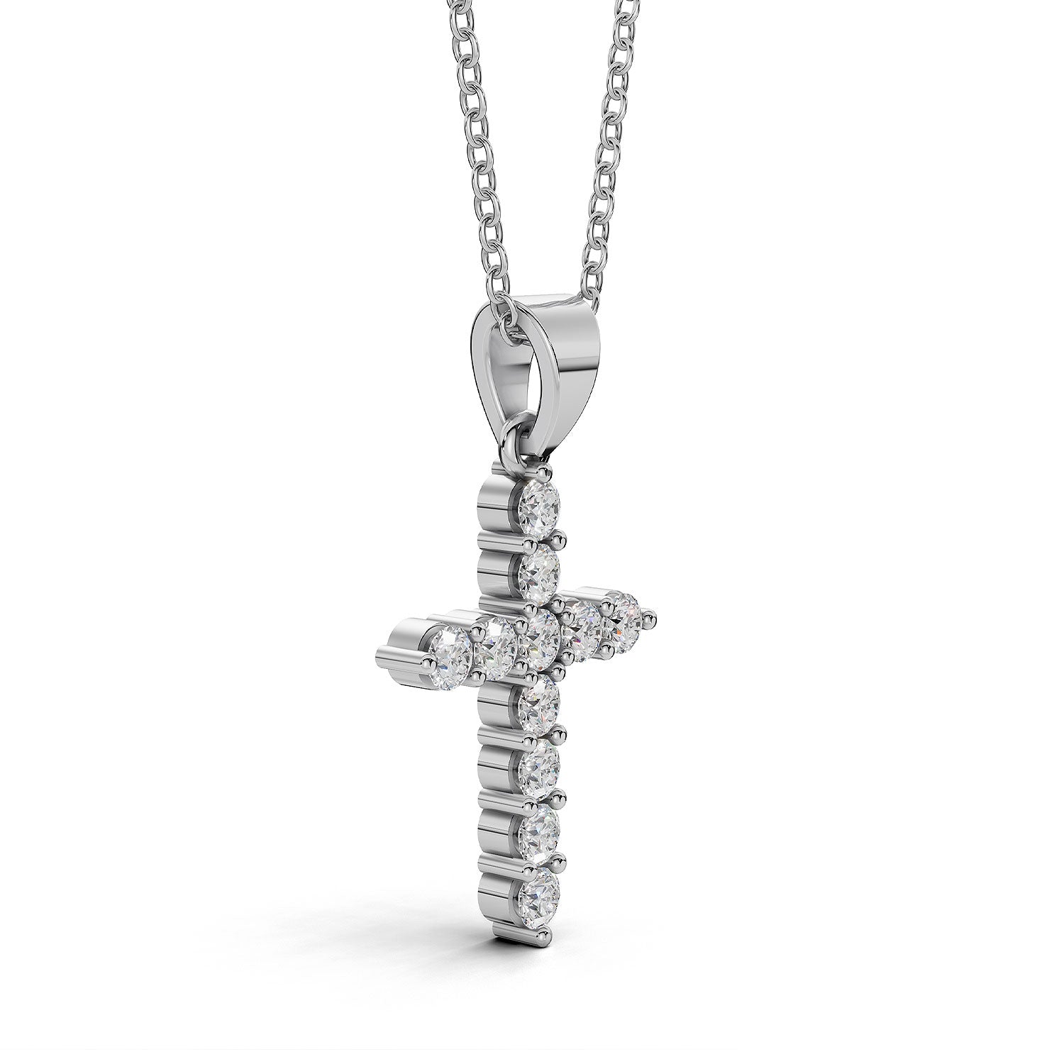 ELENA round brilliant diamond cross pendant in white gold, 0.40ct total weight, side view showing shared prong setting and bail