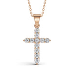 ELENA round brilliant diamond cross pendant in rose gold, 0.60ct total weight, shared prong setting, front view