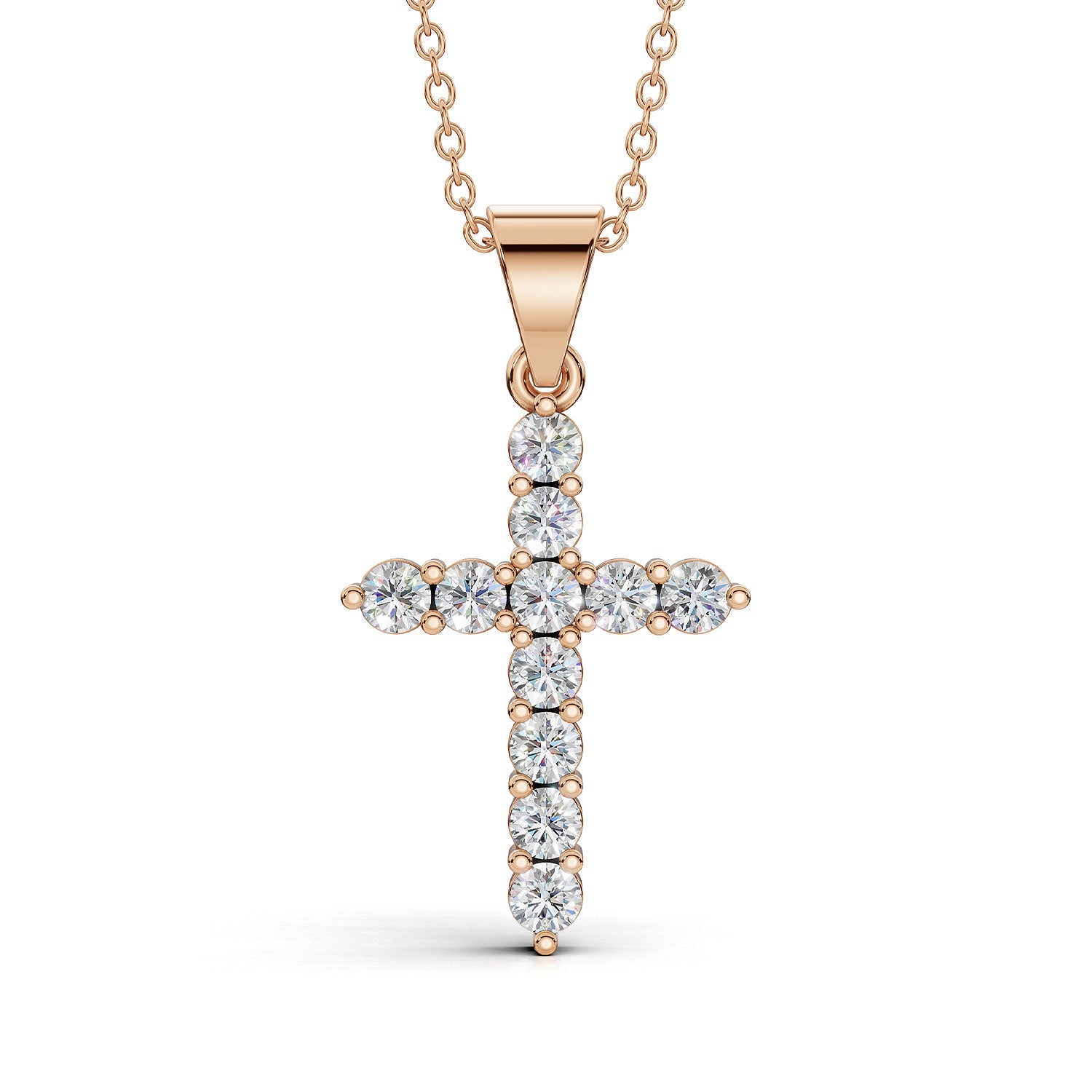ELENA round brilliant diamond cross pendant in rose gold, 0.60ct total weight, shared prong setting, front view