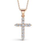 ELENA round brilliant diamond cross pendant in rose gold, 0.60ct total weight, shared prong setting, front view