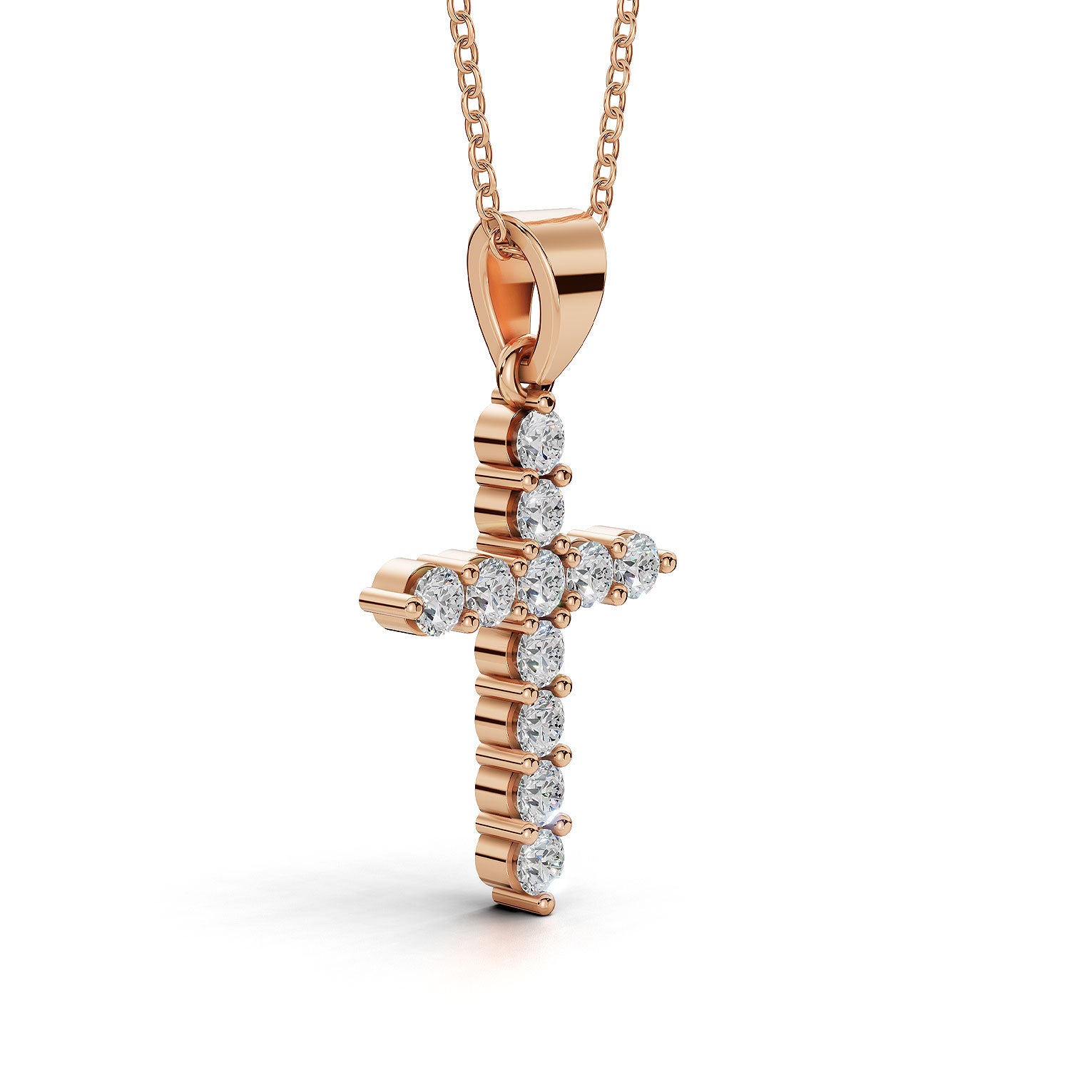 ELENA round brilliant diamond cross pendant in rose gold, 0.60ct total weight, side view showing shared prong setting and bail