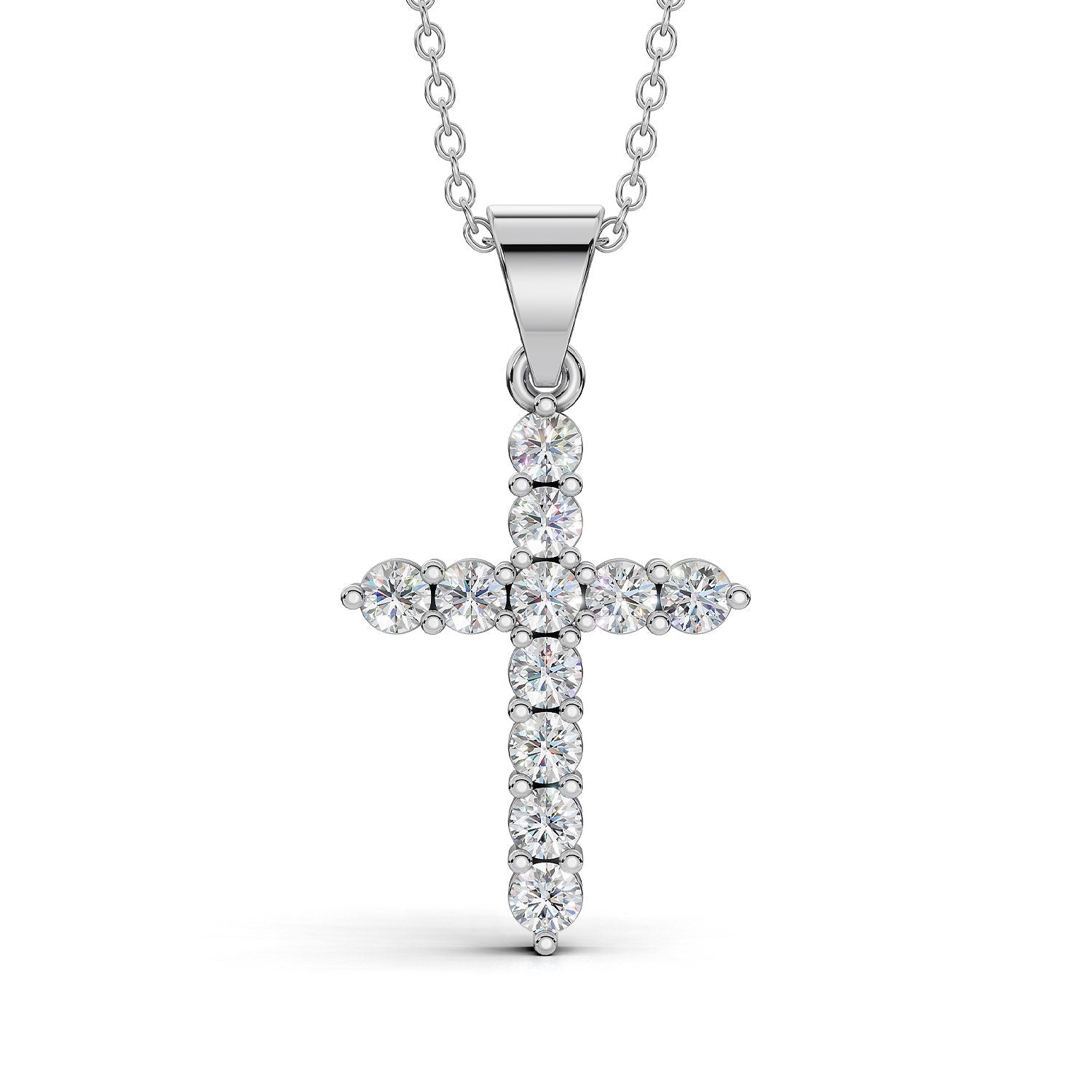 ELENA round brilliant diamond cross pendant in white gold, 0.60ct total weight, shared prong setting, front view