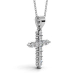 ELENA round brilliant diamond cross pendant in white gold, 0.60ct total weight, side view showing shared prong setting and bail