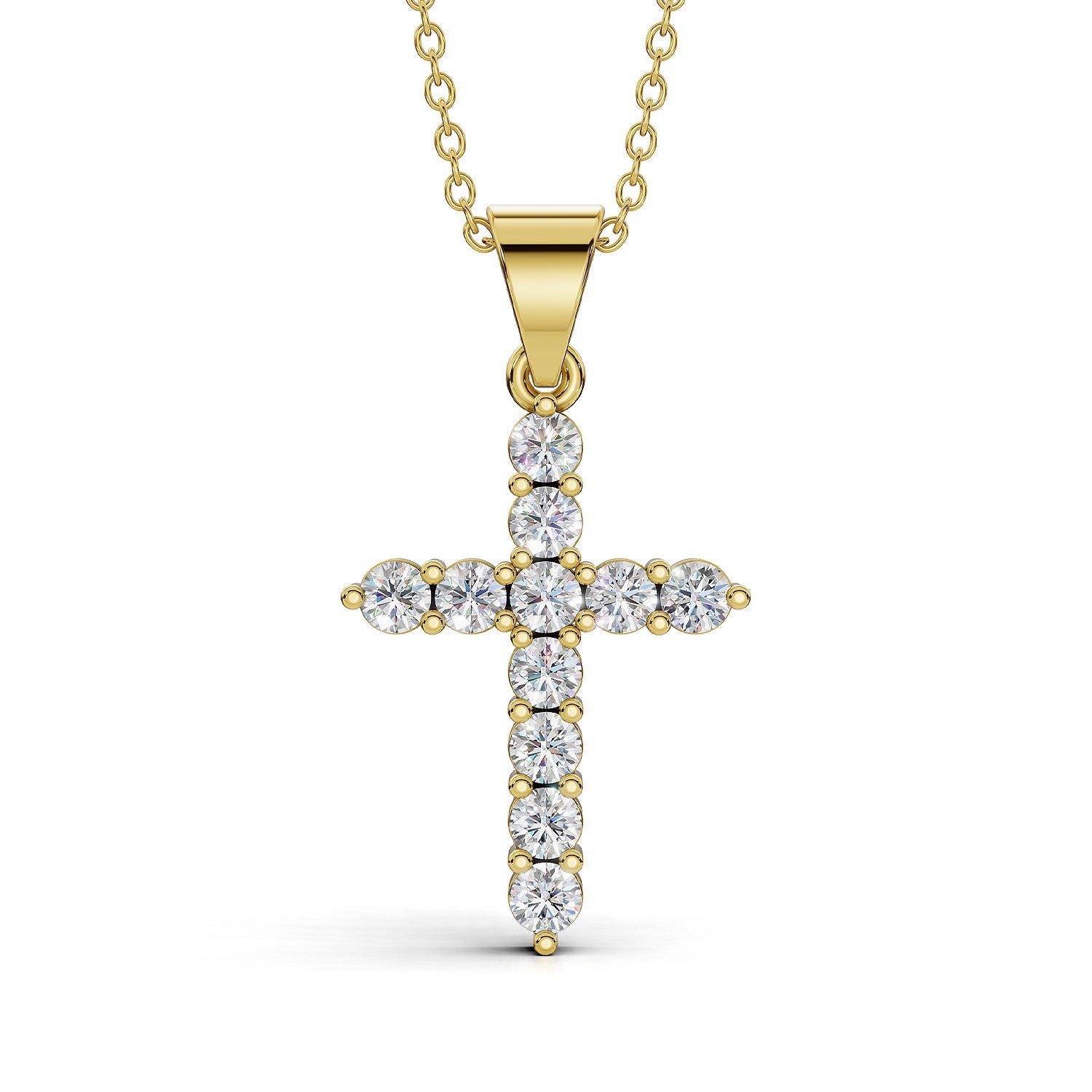 ELENA round brilliant diamond cross pendant in yellow gold, 0.60ct total weight, shared prong setting, front view