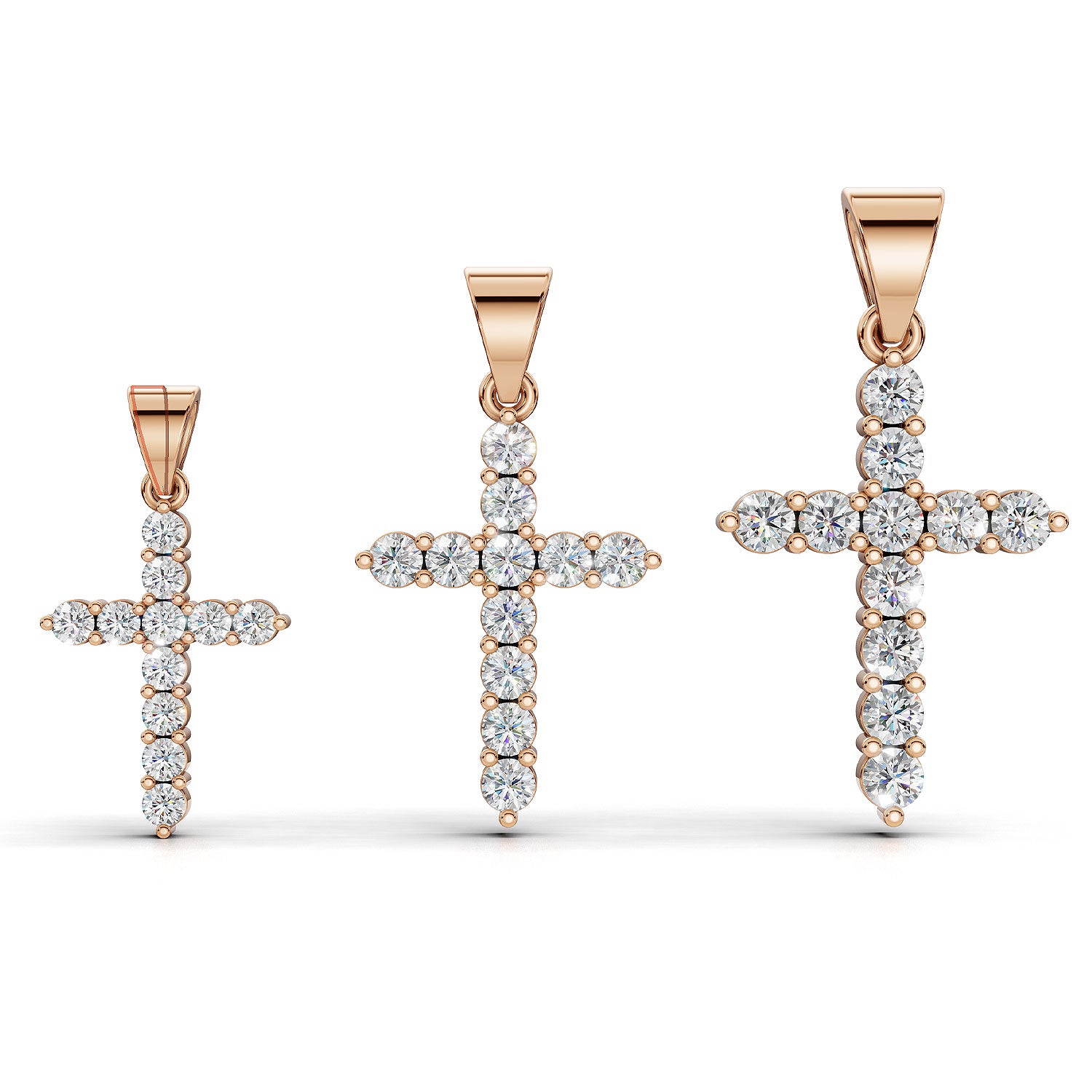 ELENA round brilliant diamond cross pendants in rose gold, all three sizes together: 0.20ct, 0.40ct and 0.60ct total weight