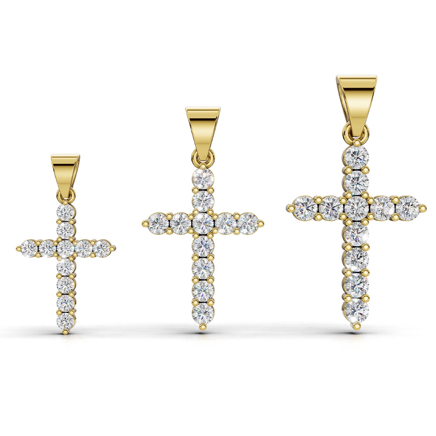 ELENA round brilliant diamond cross pendants in yellow gold, all three sizes together: 0.20ct, 0.40ct and 0.60ct total weight