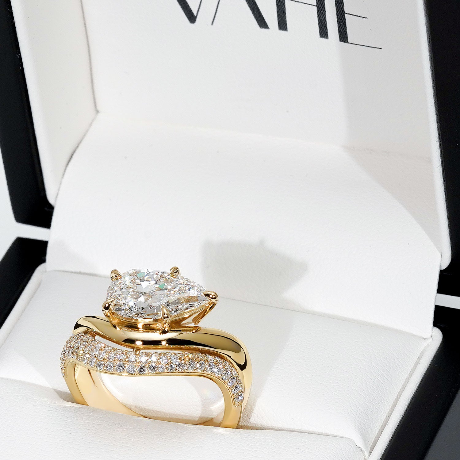 CUSTOM | East-West Pear Shape Micro-Pavé Ring in 18ct Yellow Gold – in gift box