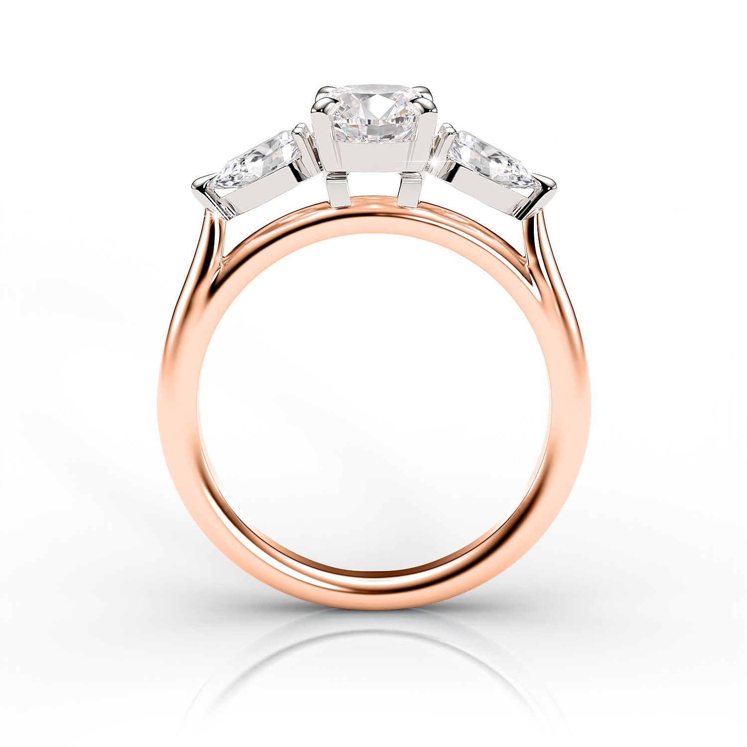 Rose gold ring with three diamonds on a white background