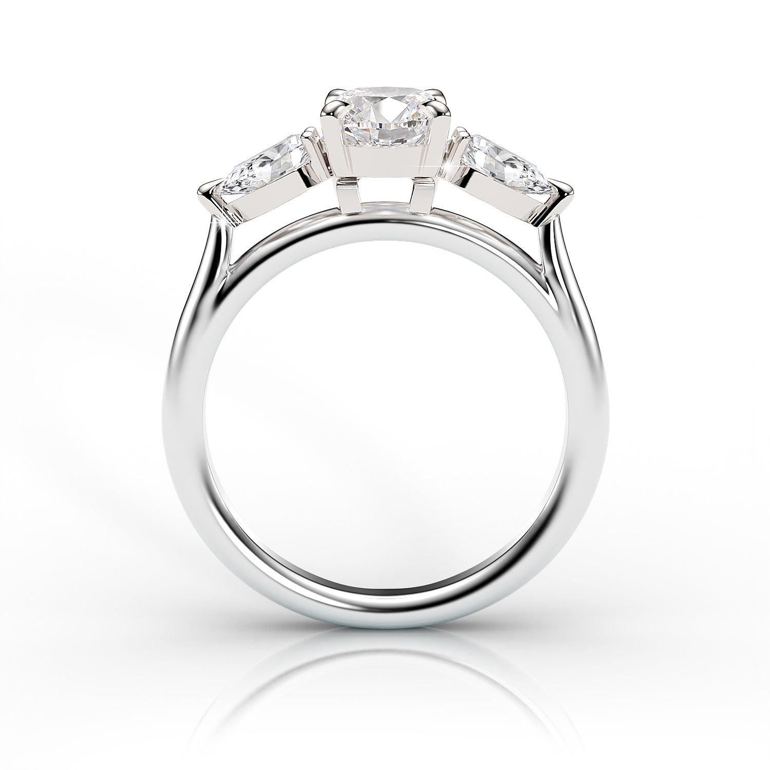Diamond ring with three stones on a white background