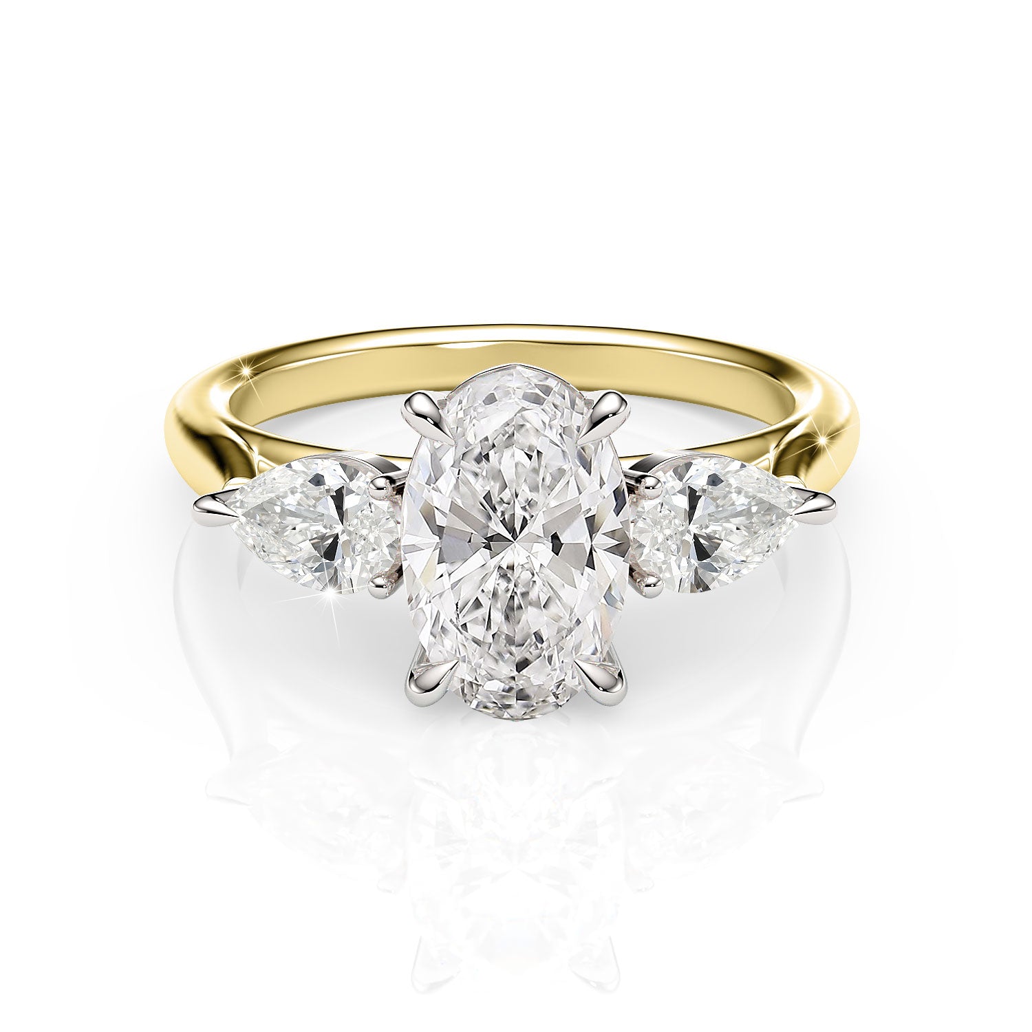 Gold and silver ring with a central diamond and three smaller diamonds on a white background