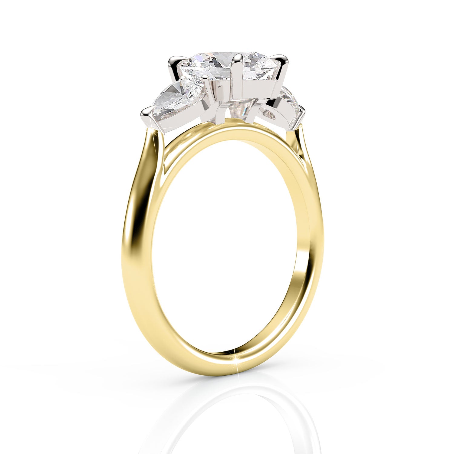 Gold ring with a large diamond on a white background