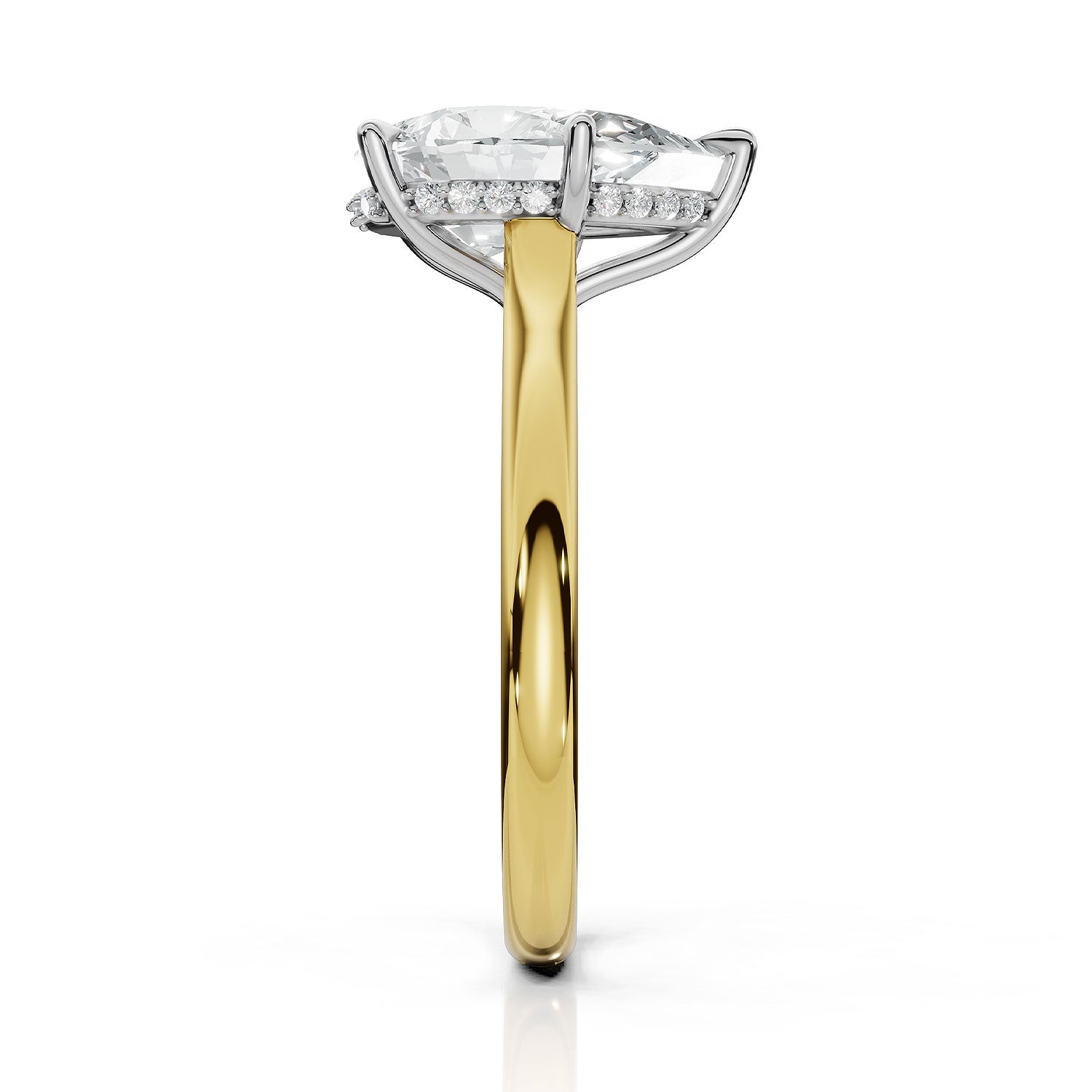 A yellow gold and white gold diamond engagement ring shown from the side profile on a clean white background.