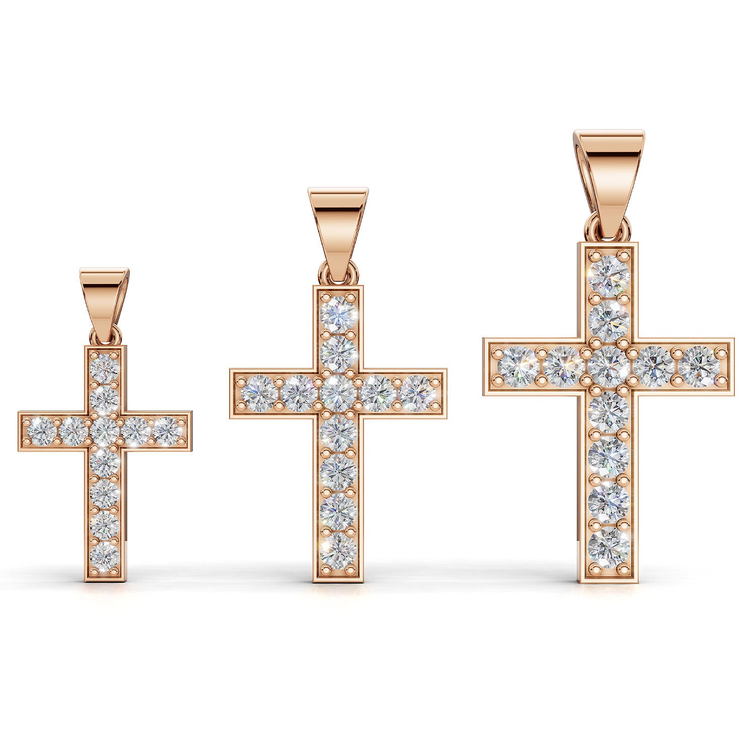 MARY diamond cross pendants in rose gold, all three sizes together: 0.20ct, 0.40ct and 0.60ct total weight