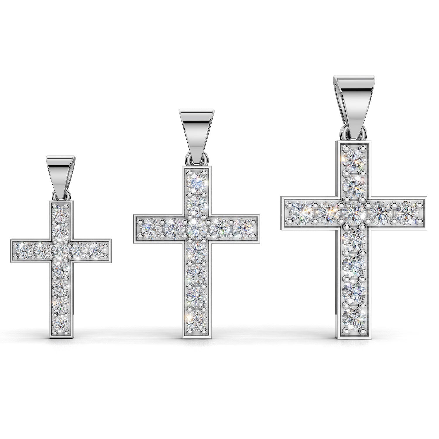 MARY diamond cross pendants in white gold, all three sizes together: 0.20ct, 0.40ct and 0.60ct total weight