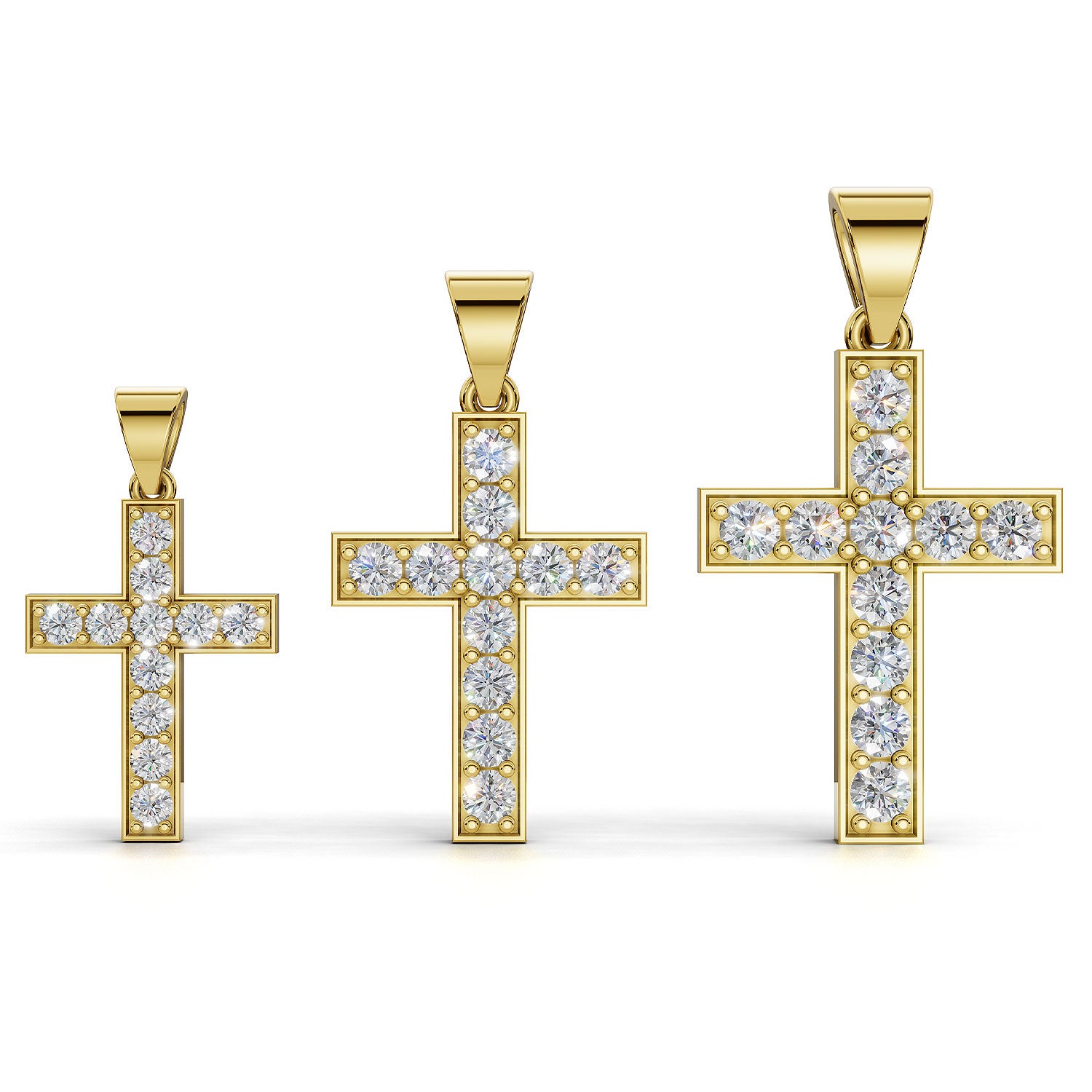 MARY diamond cross pendants in yellow gold, all three sizes together: 0.20ct, 0.40ct and 0.60ct total weight
