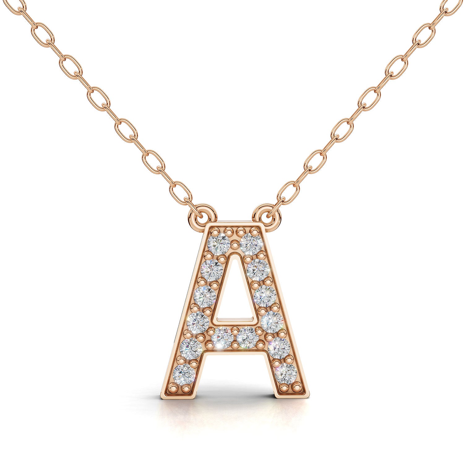 MELEK diamond initial pendant, letter A, in rose gold with pavé diamonds
