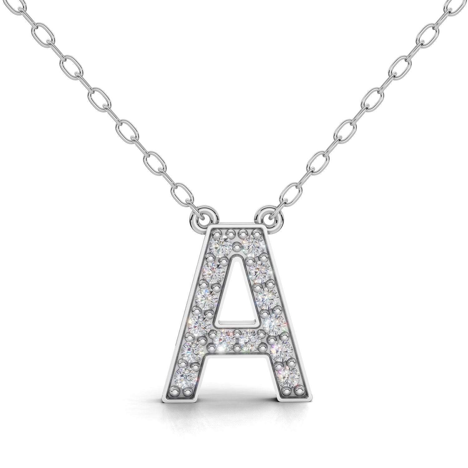MELEK diamond initial pendant, letter A, in white gold with pavé diamonds