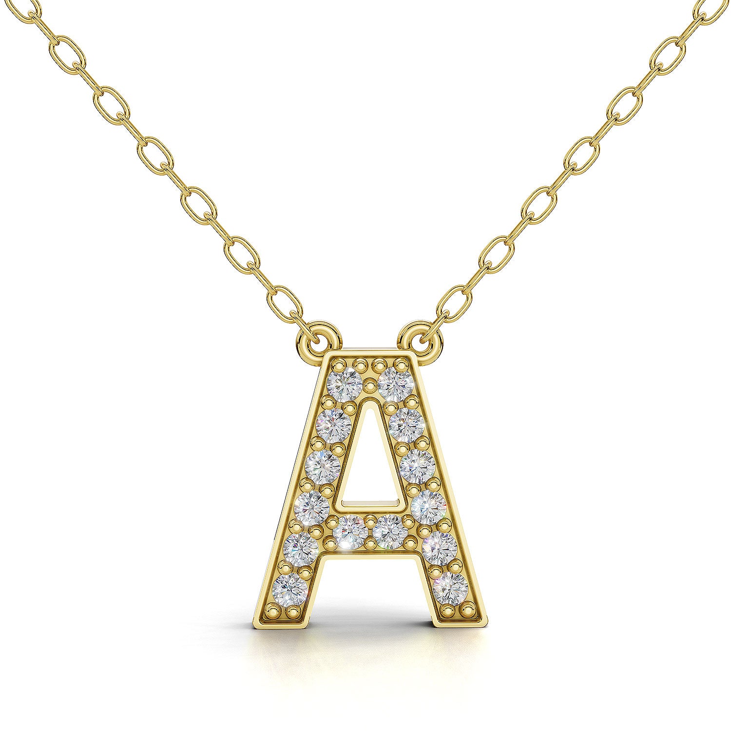 MELEK diamond initial pendant, letter A, in yellow gold with pavé diamonds